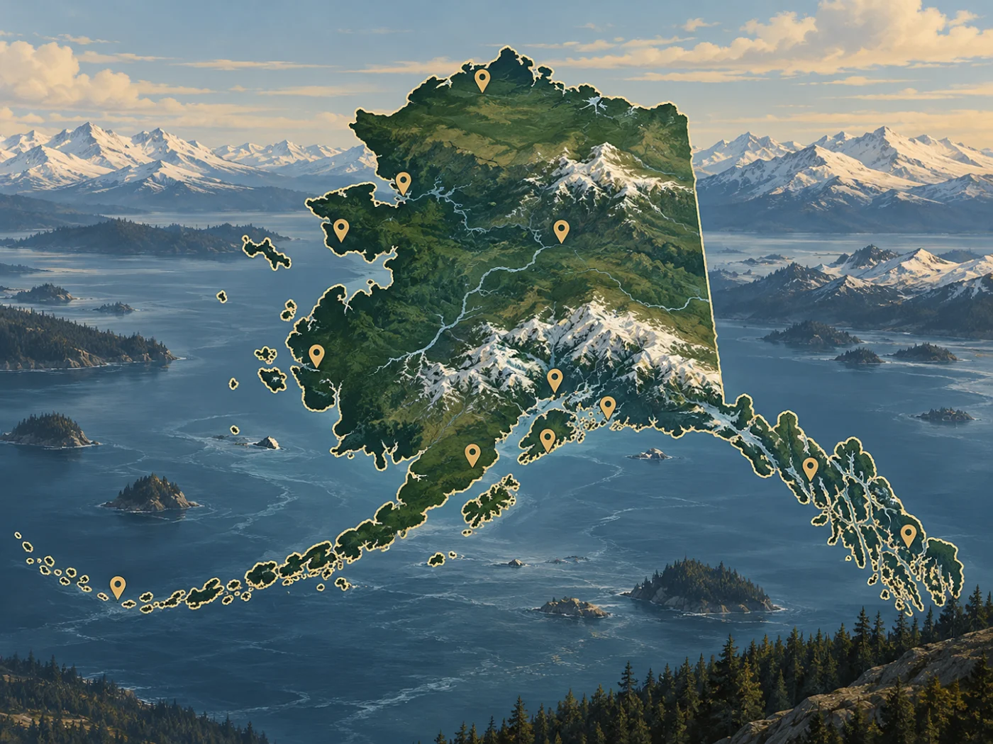 Illustrated map of Alaska and its coastline