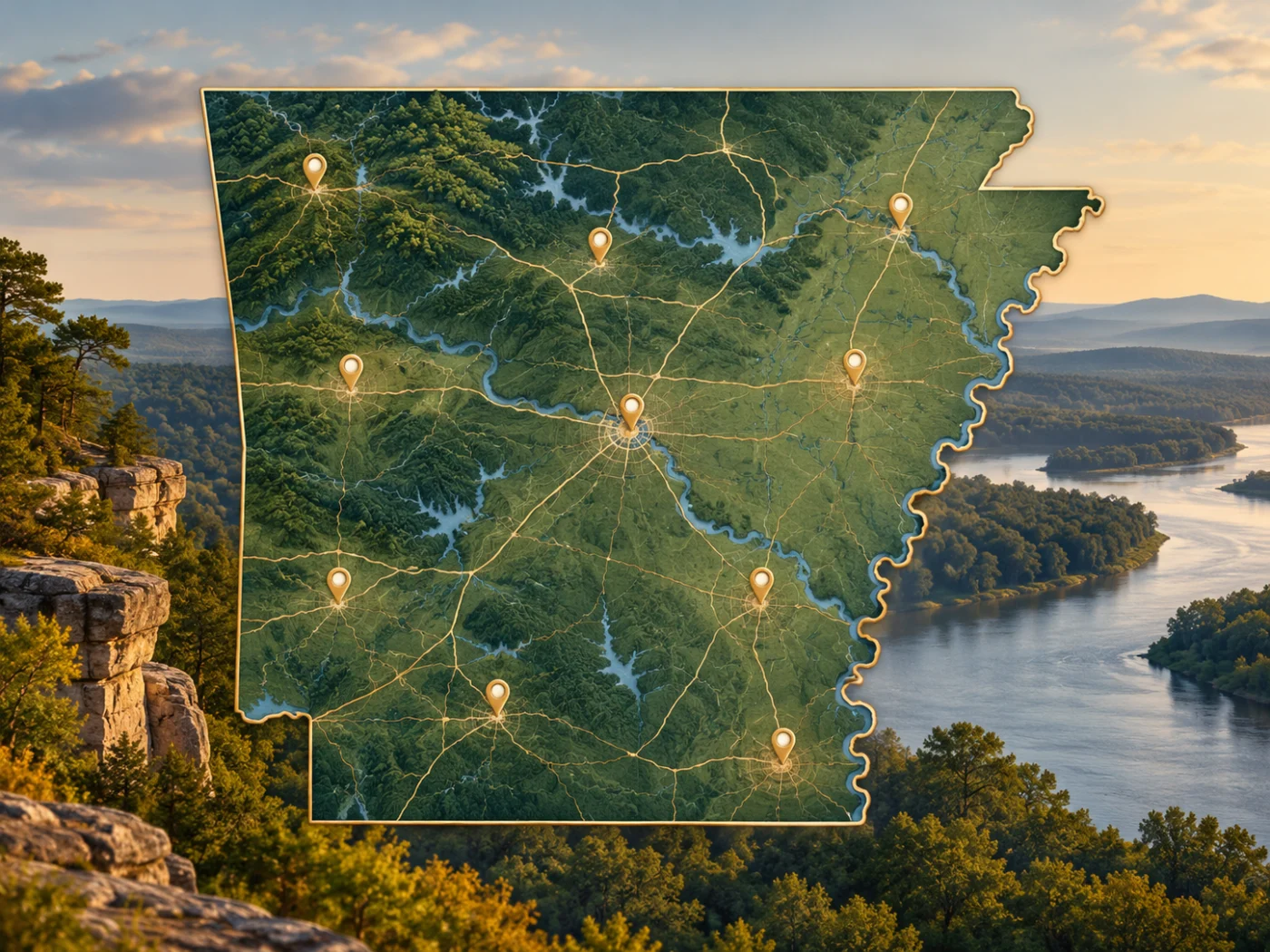 Illustrated map of Arkansas and its regions