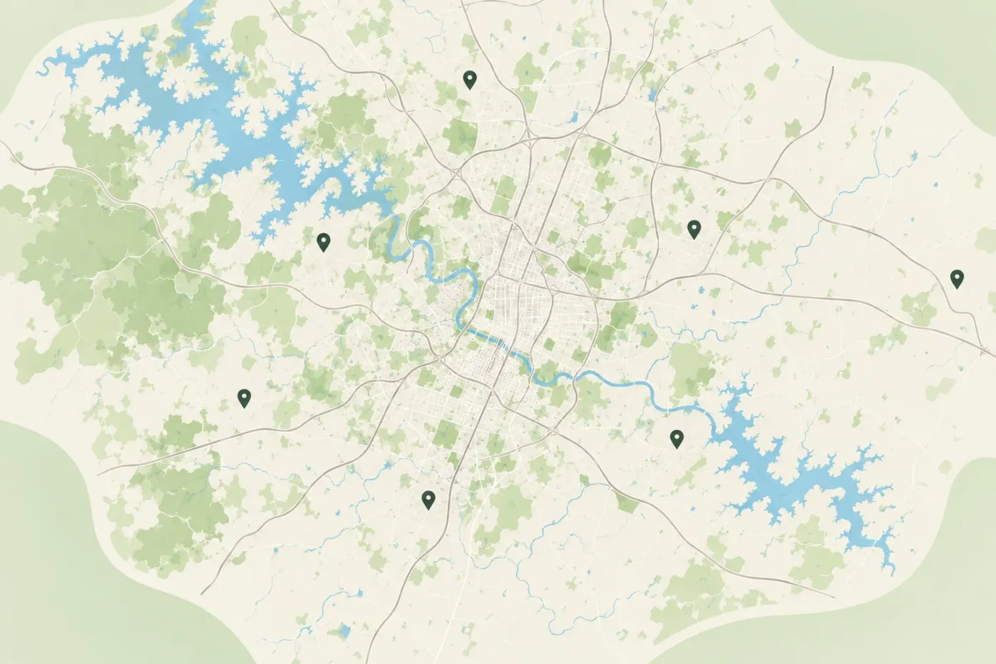 Illustrated map of Austin and nearby areas