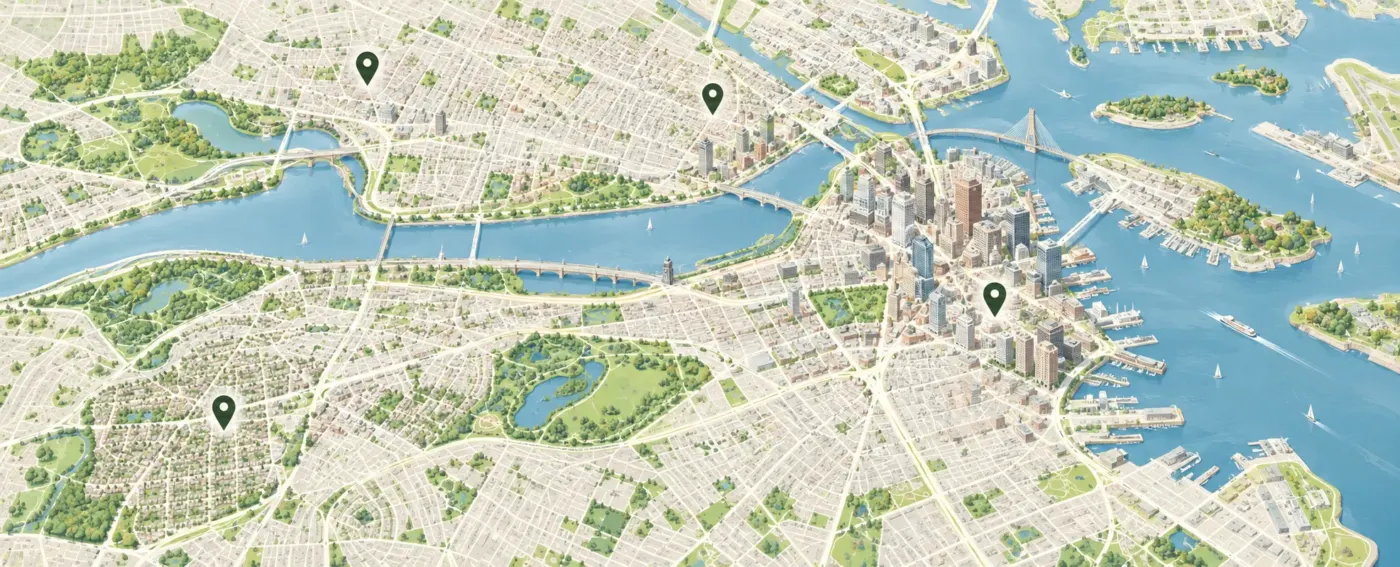 Illustrated map of Boston and nearby areas