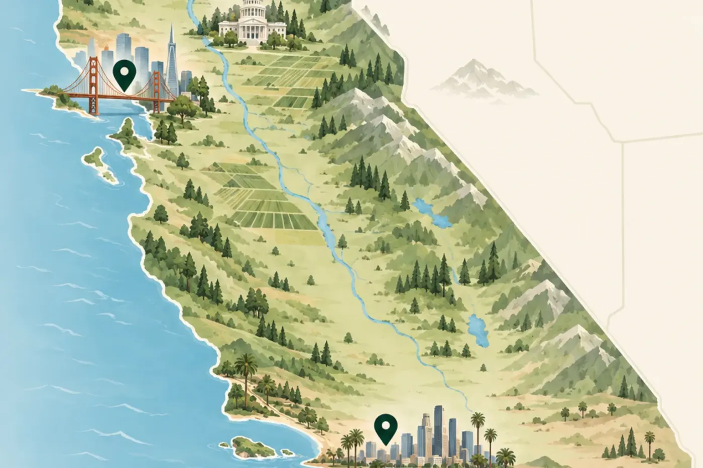 Illustrated map of California and its regions