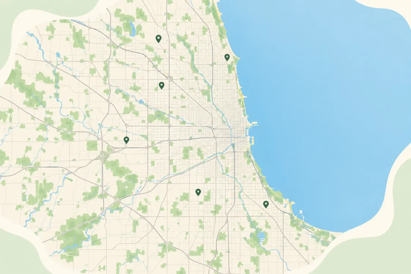 Illustrated map of Chicago and the Lake Michigan shore