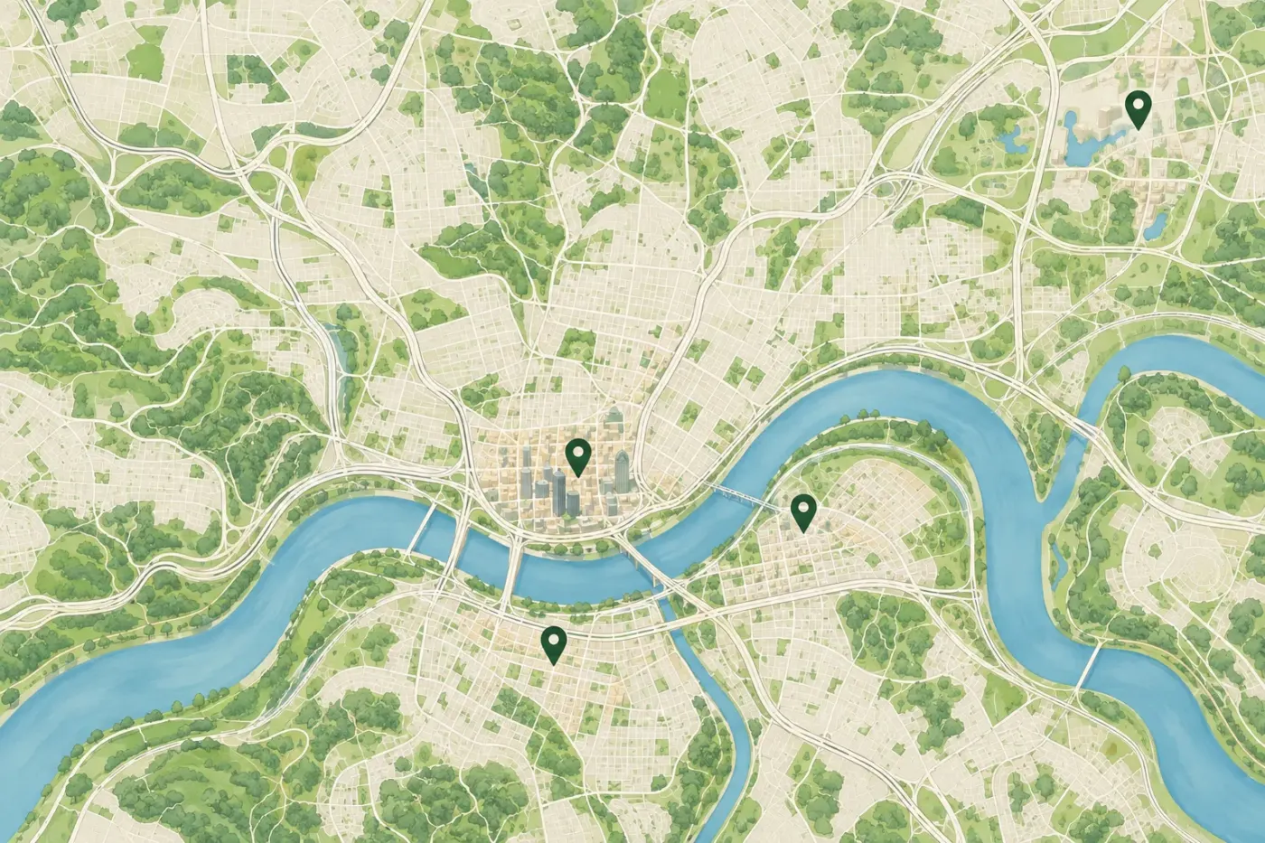 Illustrated map of Cincinnati and the Ohio River