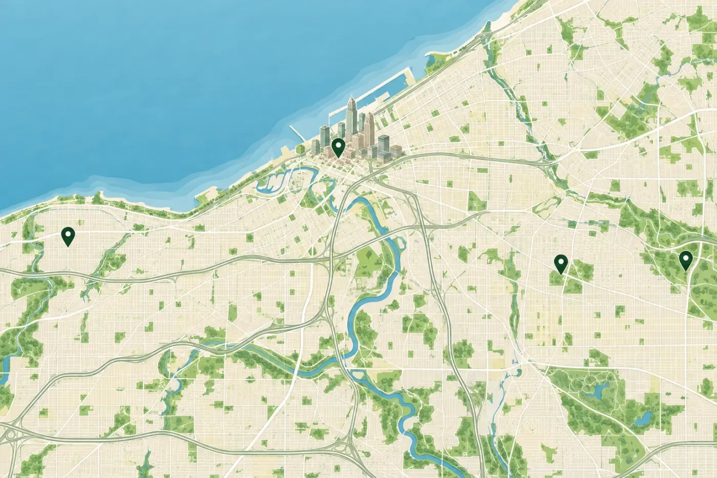 Illustrated map of Cleveland and the Lake Erie shoreline