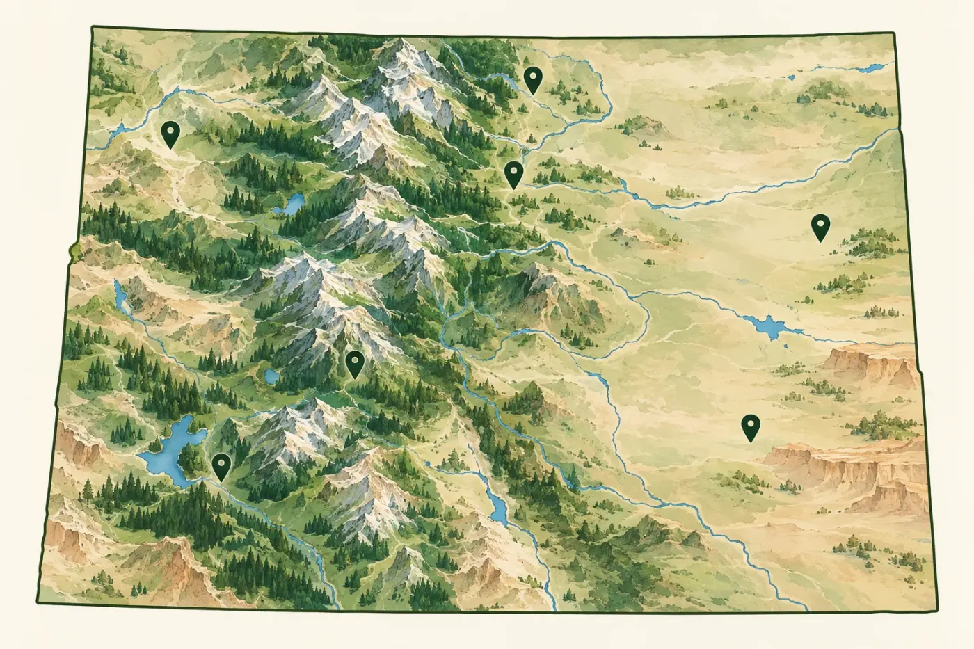 Illustrated map of Colorado and its regions