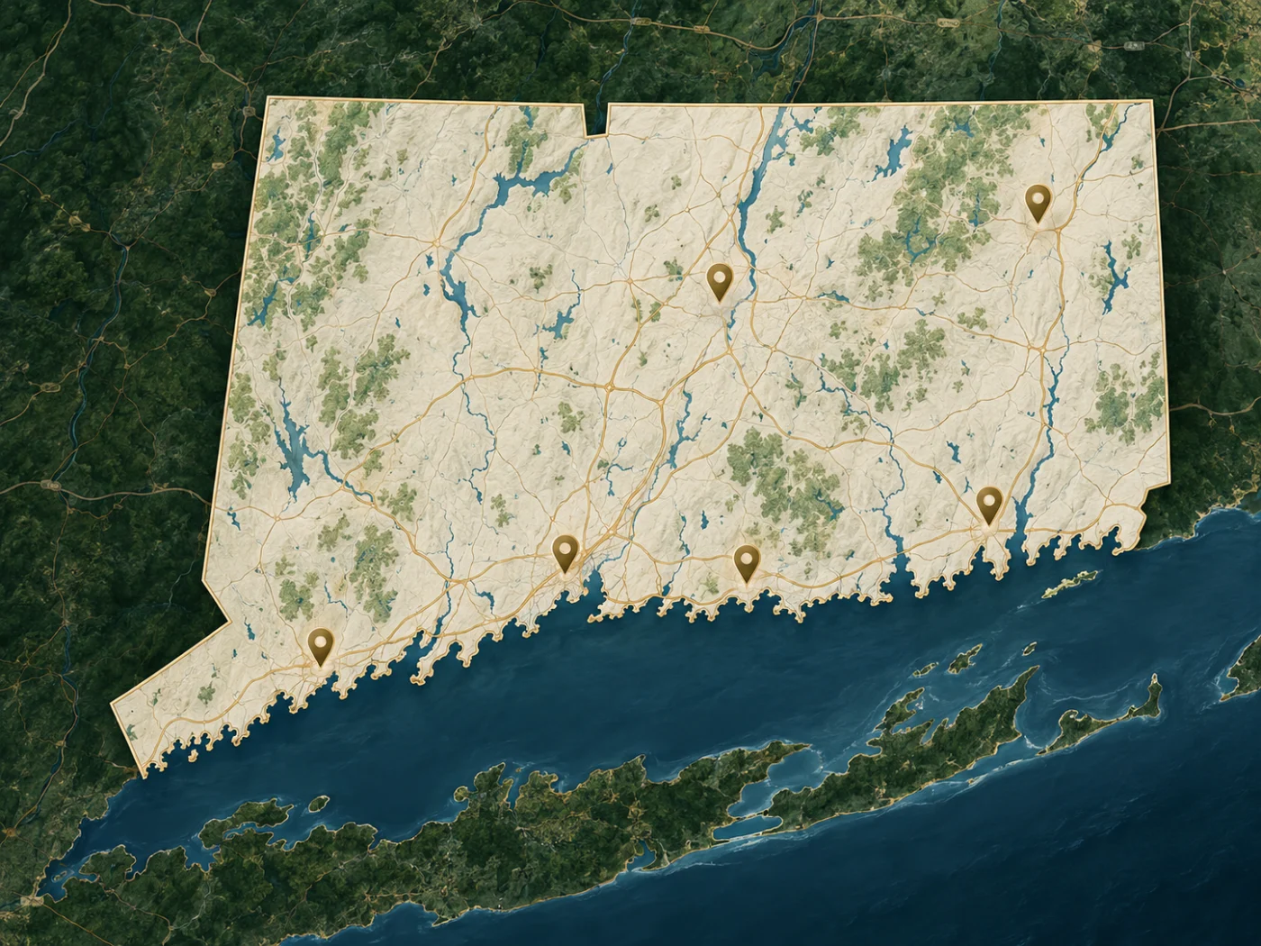 Illustrated map of Connecticut and its shoreline