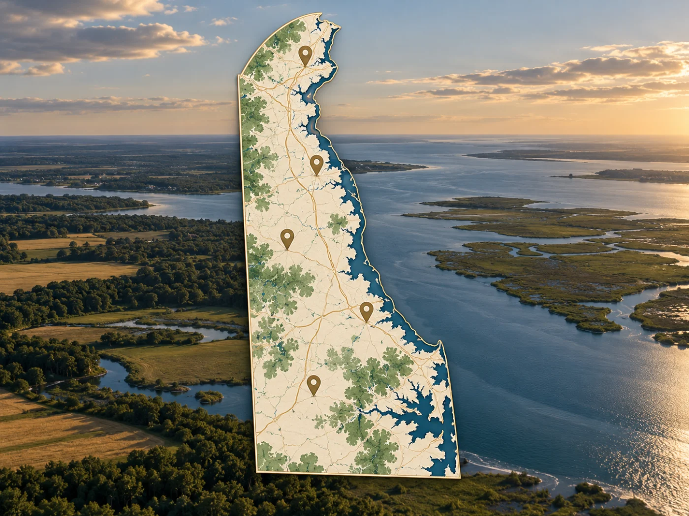 Illustrated map of Delaware and its bay