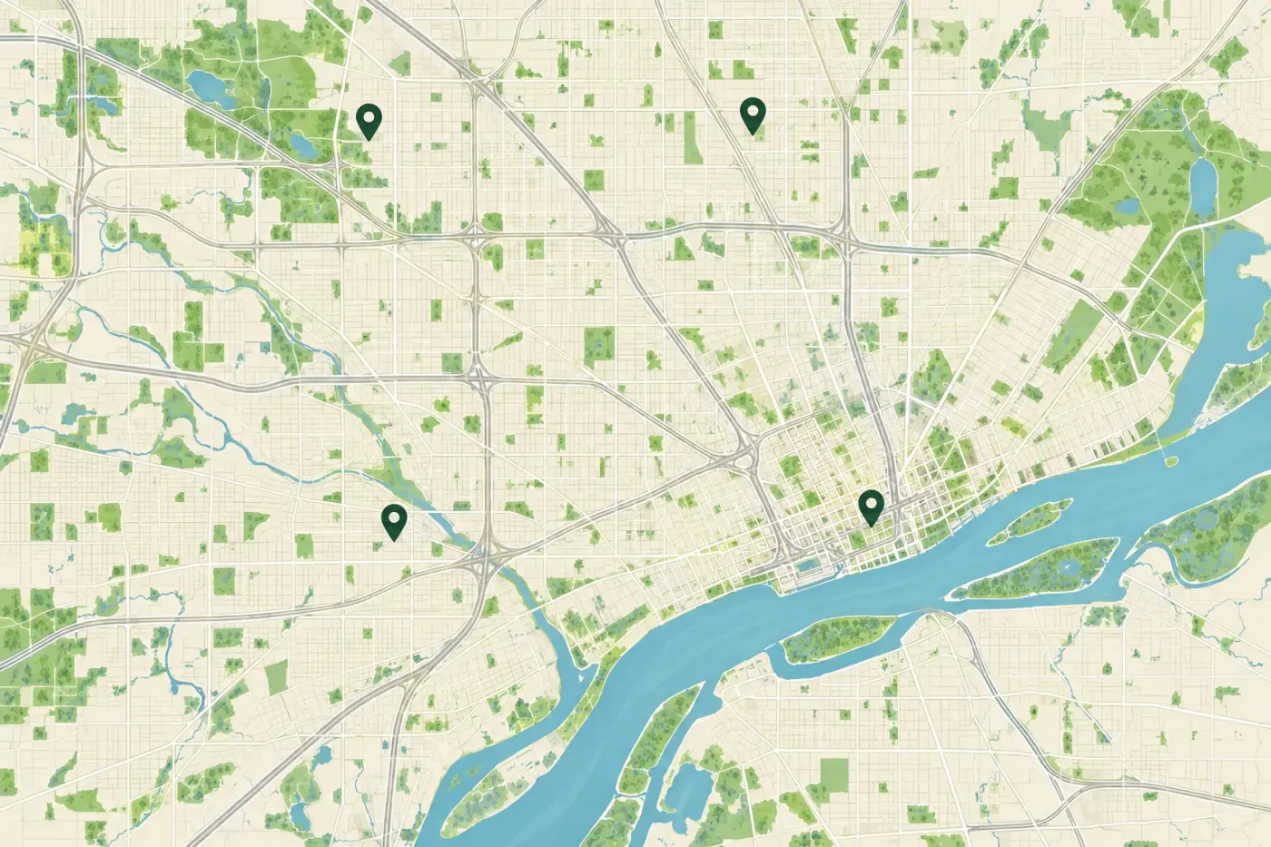 Illustrated map of Detroit and the Detroit River