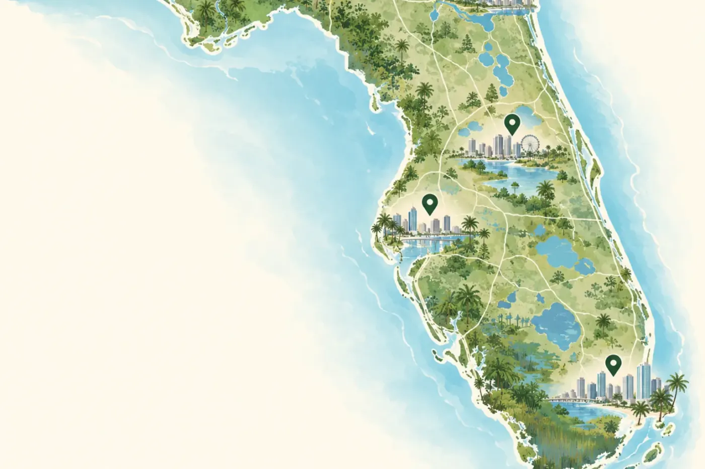 Illustrated map of Florida and its regions
