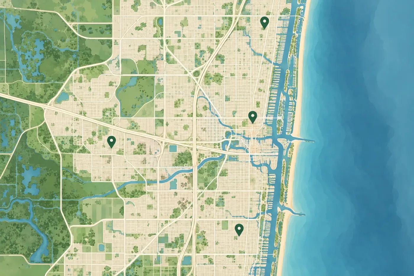 Illustrated map of Fort Lauderdale and the Broward coast