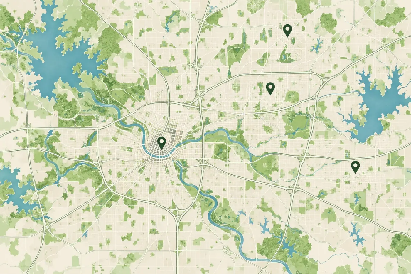 Illustrated map of Fort Worth and nearby areas