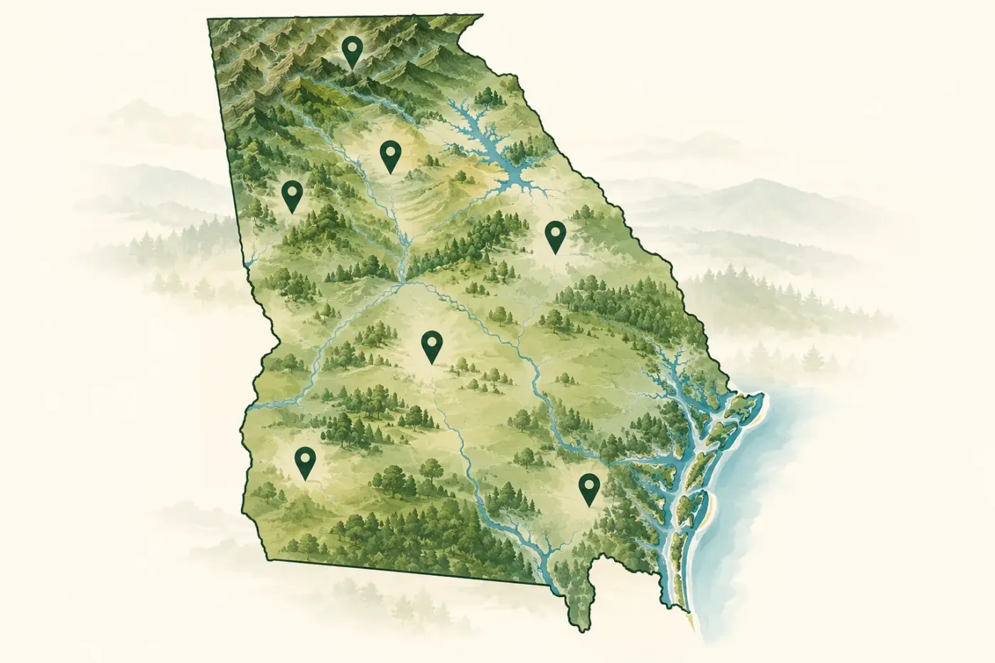 Illustrated map of Georgia and its regions