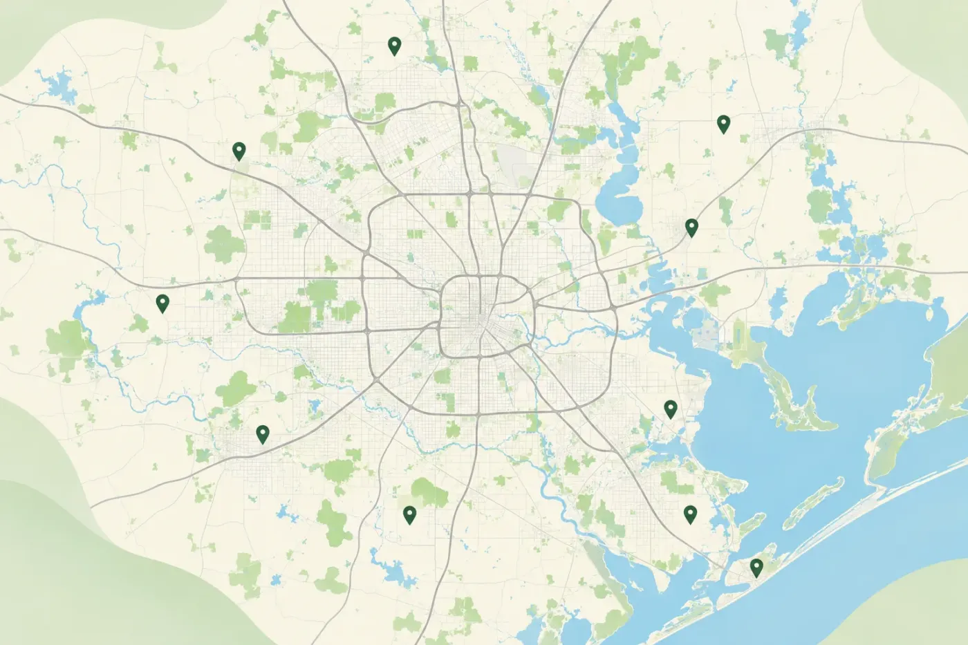 Illustrated map of Houston and nearby areas