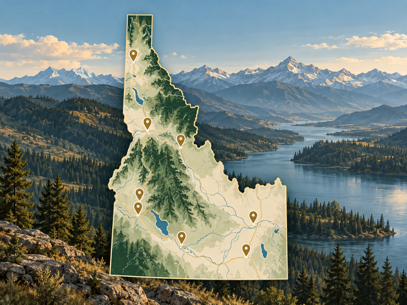 Illustrated map of Idaho and its regions