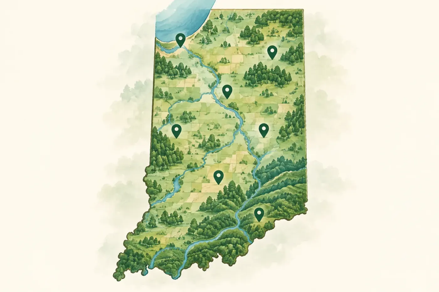 Illustrated map of Indiana and its regions