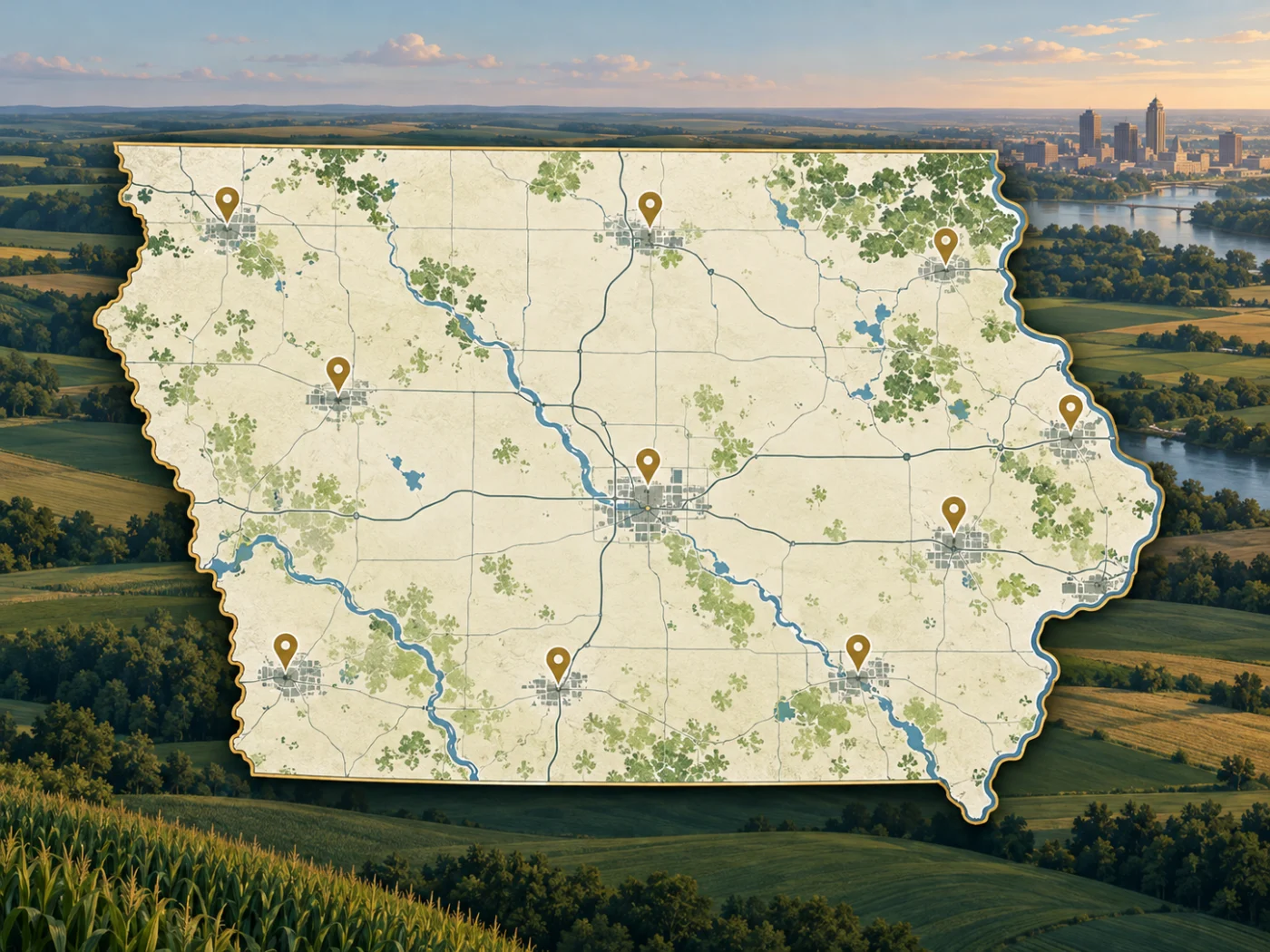 Illustrated map of Iowa and its regions