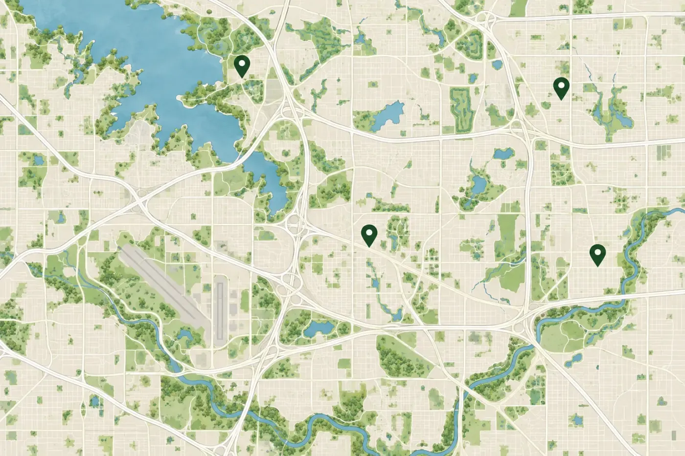 Illustrated map of Irving and nearby areas