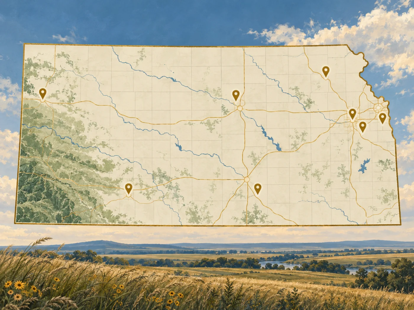 Illustrated map of Kansas and its regions