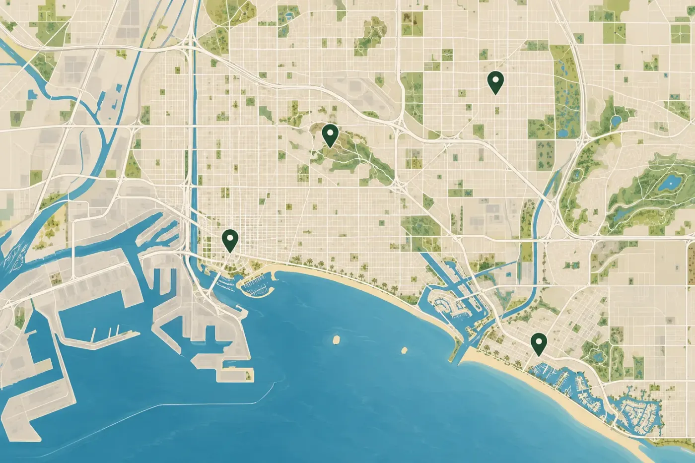 Illustrated map of Long Beach and its port