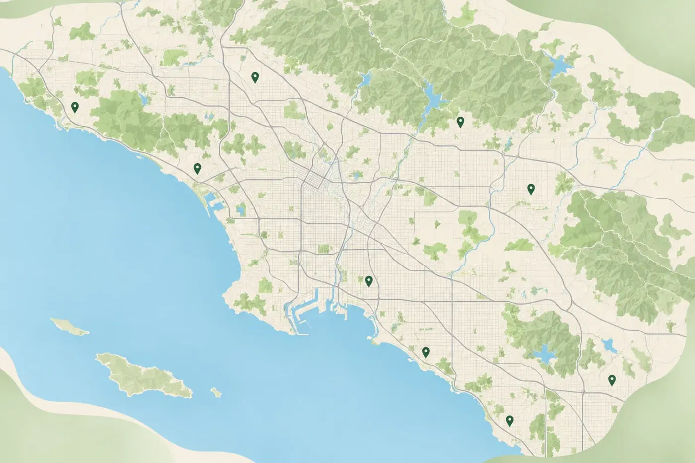 Illustrated map of Los Angeles and nearby areas