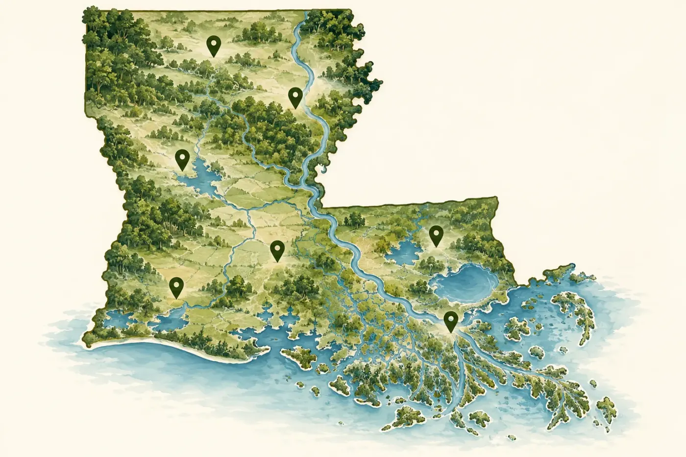 Illustrated map of Louisiana and its regions