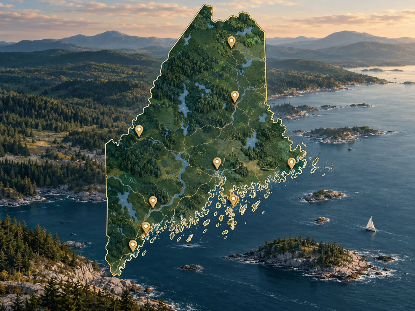 Illustrated map of Maine and its coastline