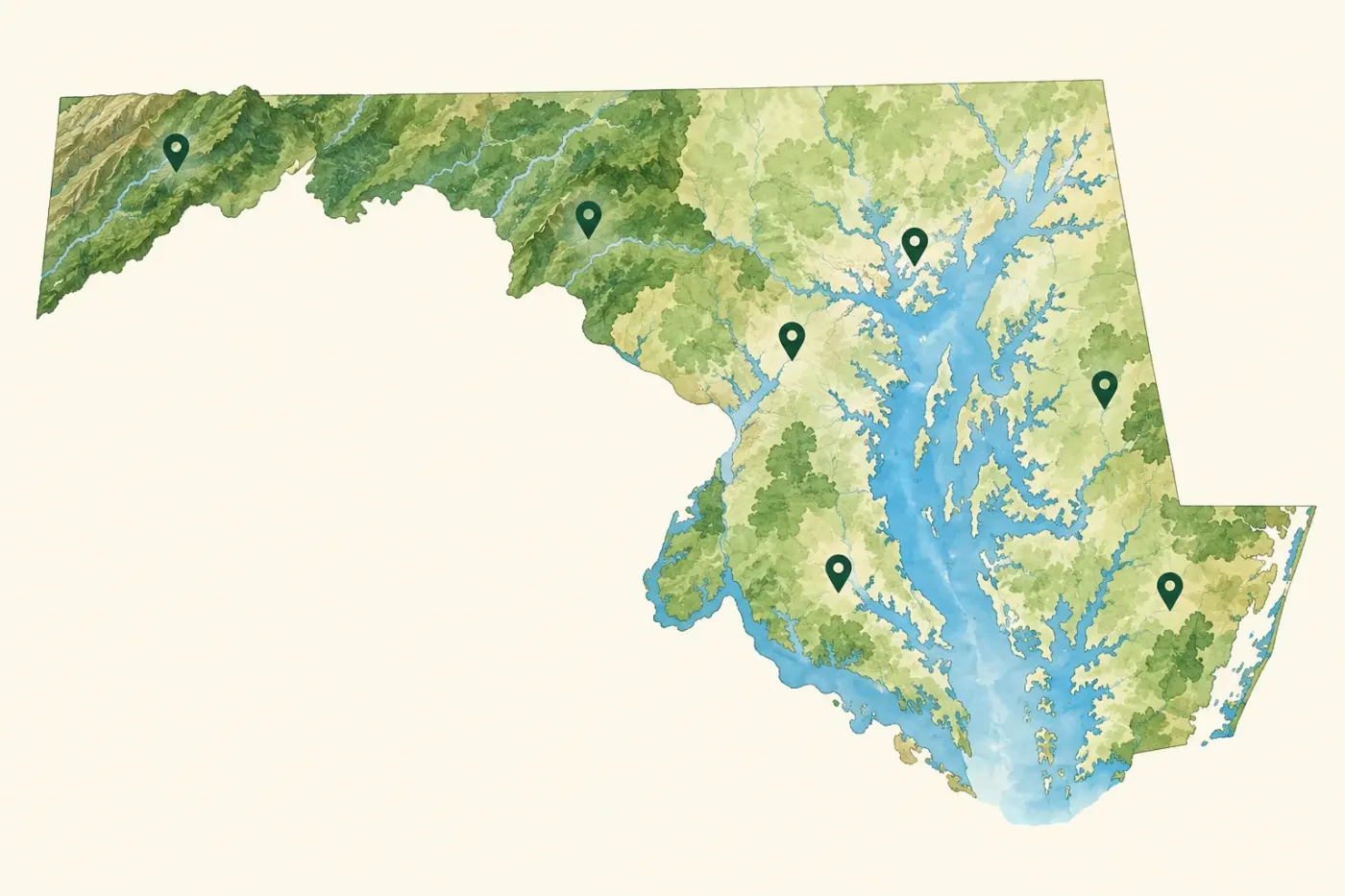 Illustrated map of Maryland and the Chesapeake Bay