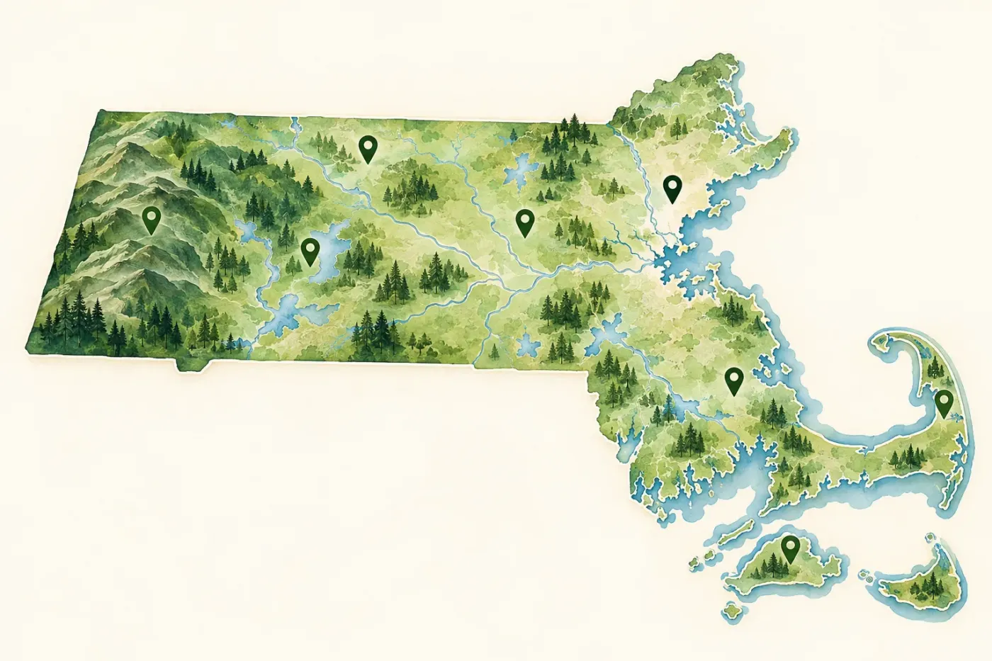 Illustrated map of Massachusetts and its regions