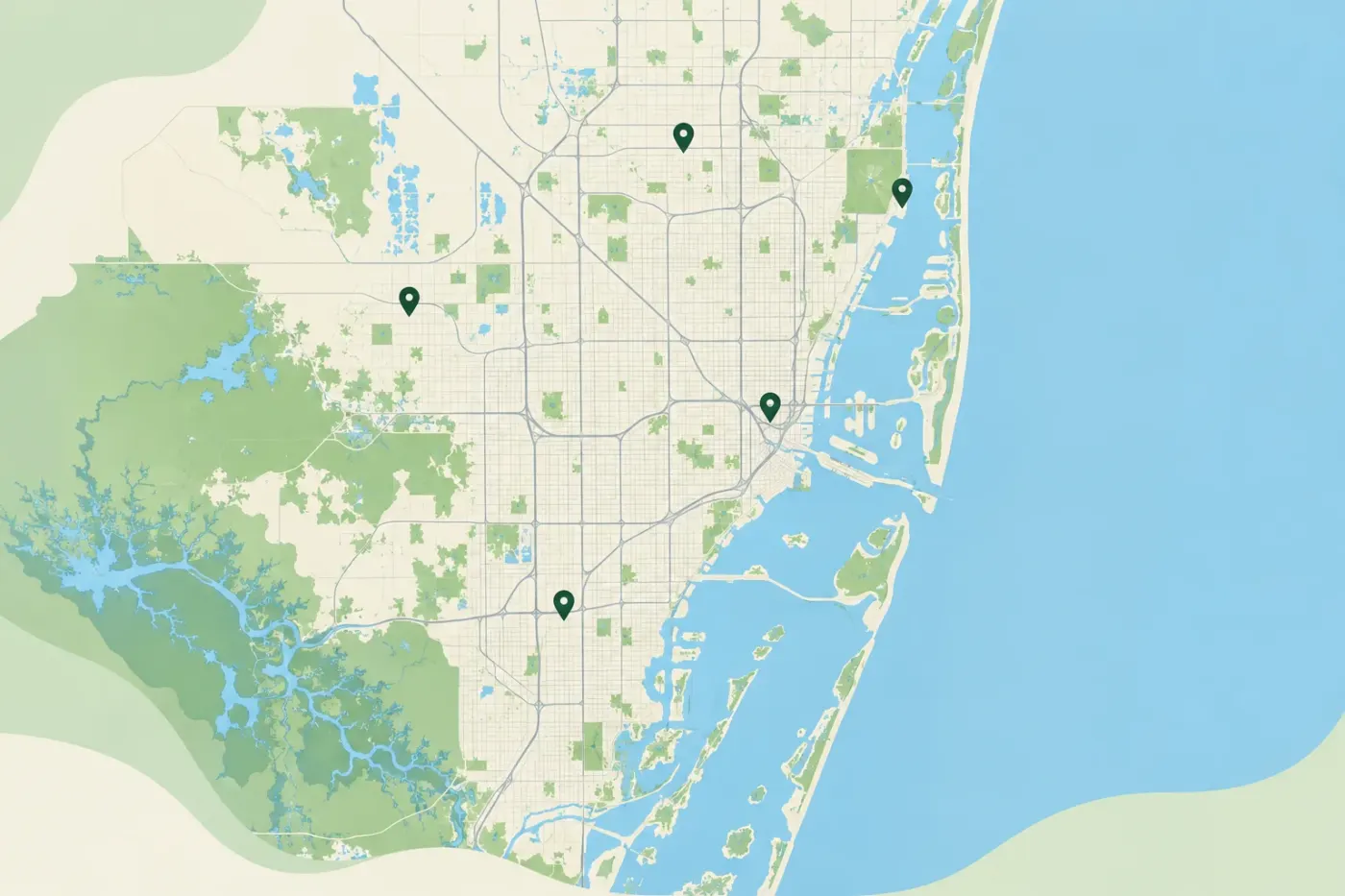 Illustrated map of Miami and nearby areas