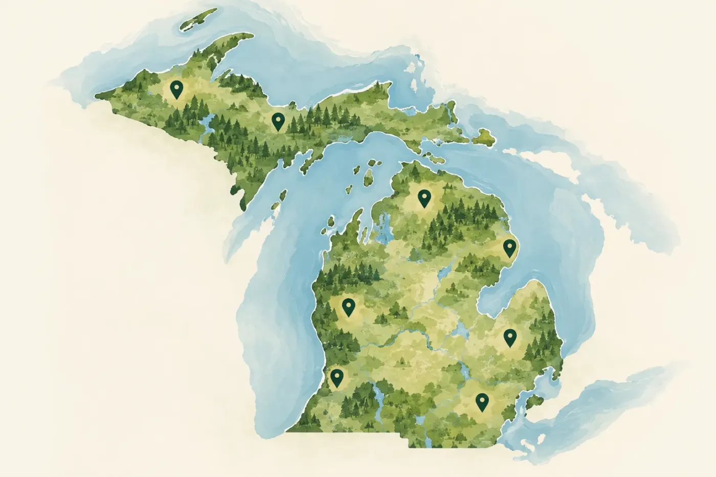 Illustrated map of Michigan and its two peninsulas