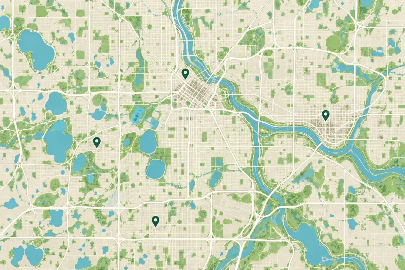 Illustrated map of Minneapolis and nearby lakes