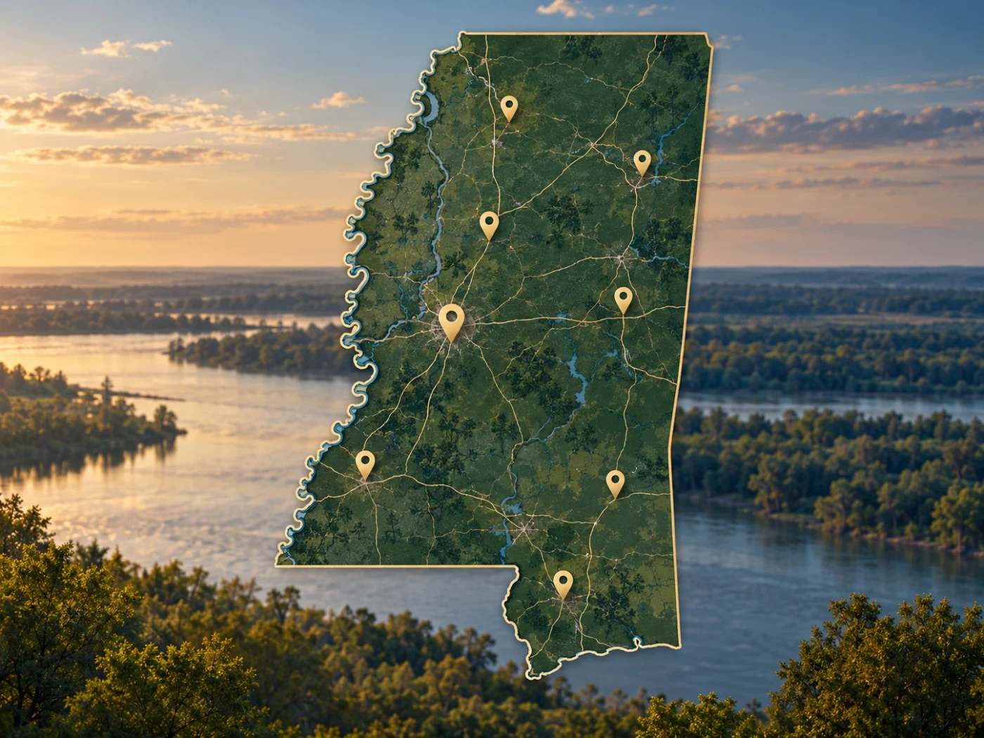 Illustrated map of Mississippi beside its river