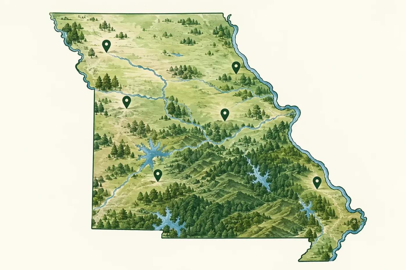 Illustrated map of Missouri and its regions