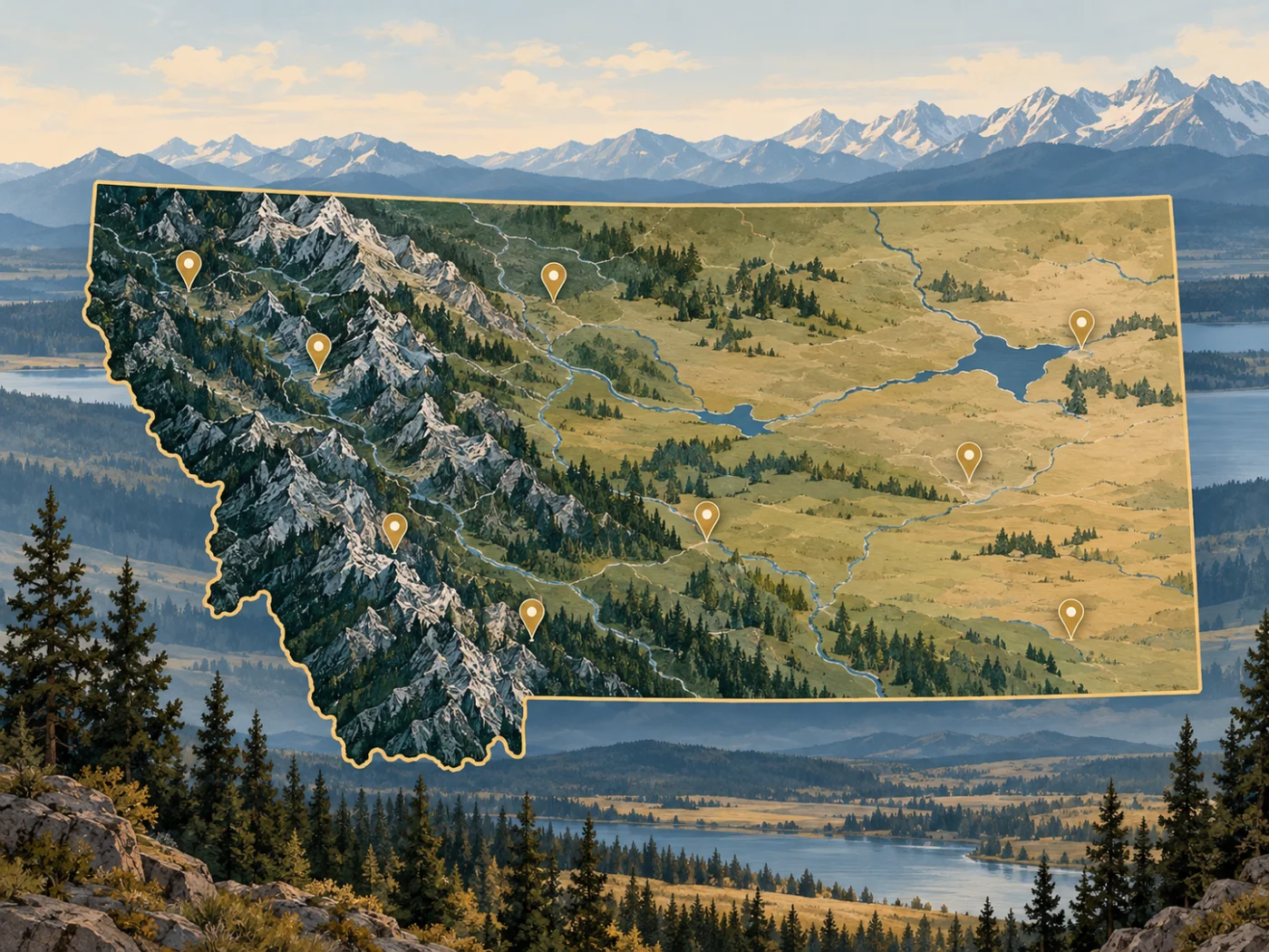 Illustrated map of Montana and its mountains