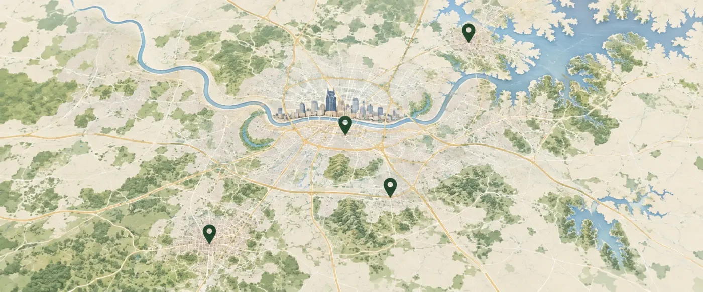 Illustrated map of Nashville and nearby areas