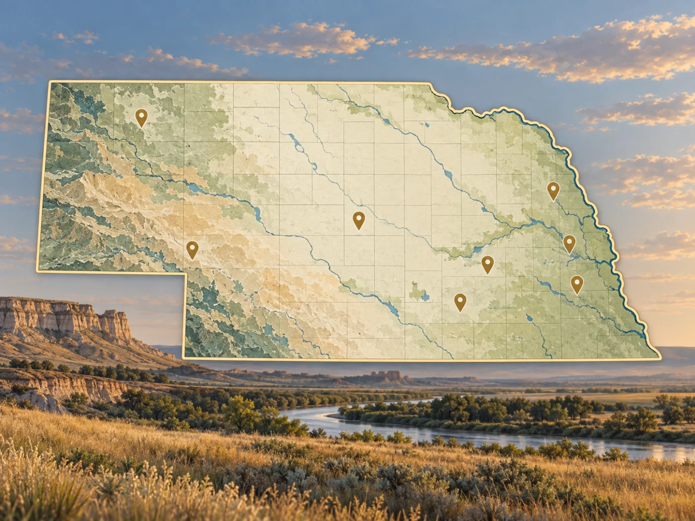 Illustrated map of Nebraska and its regions