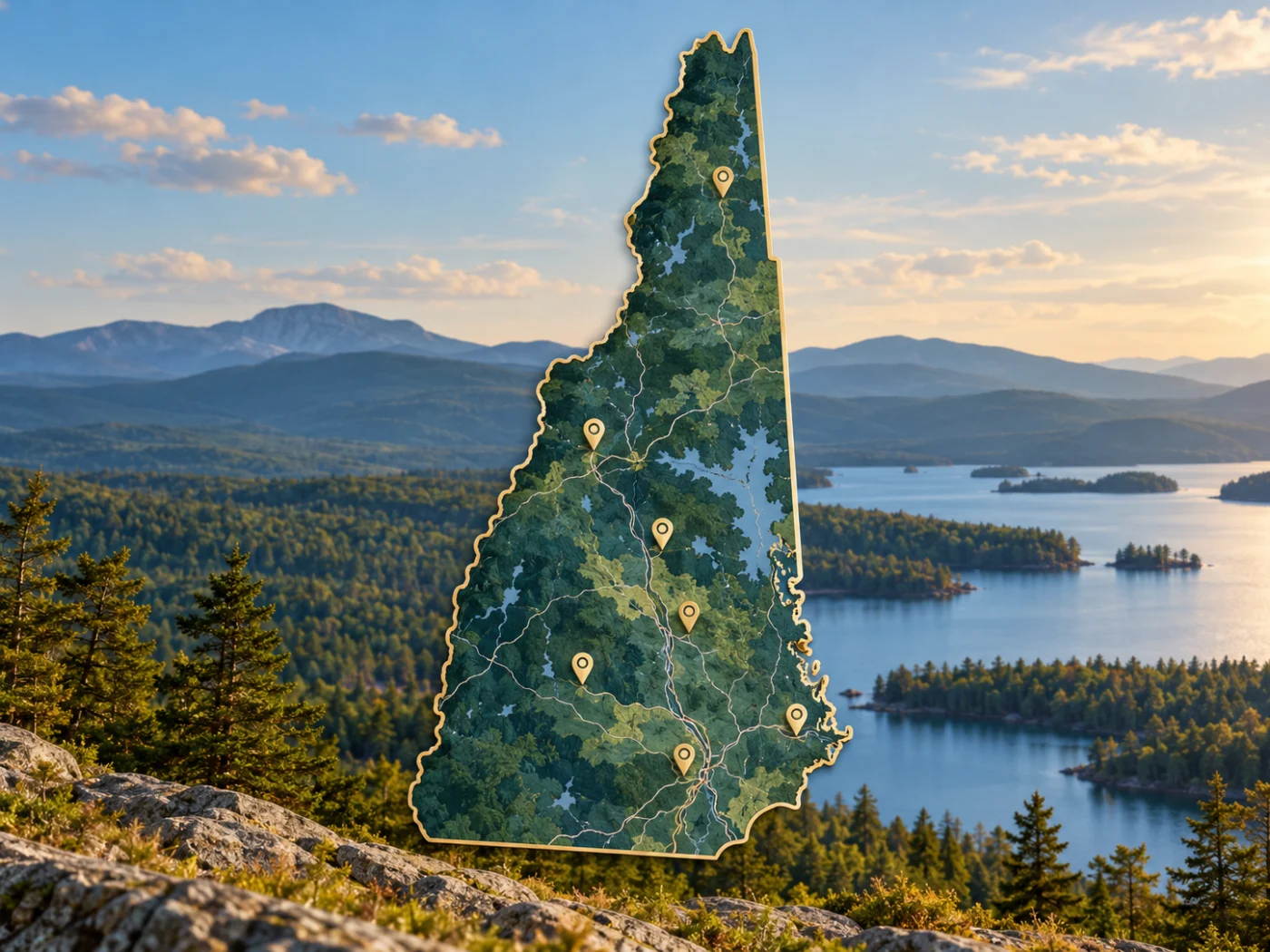 Illustrated map of New Hampshire and its lakes