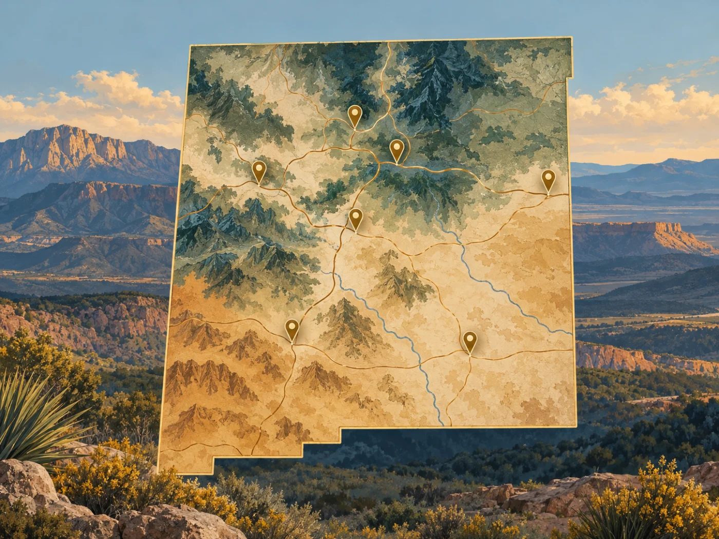 Illustrated map of New Mexico and its regions