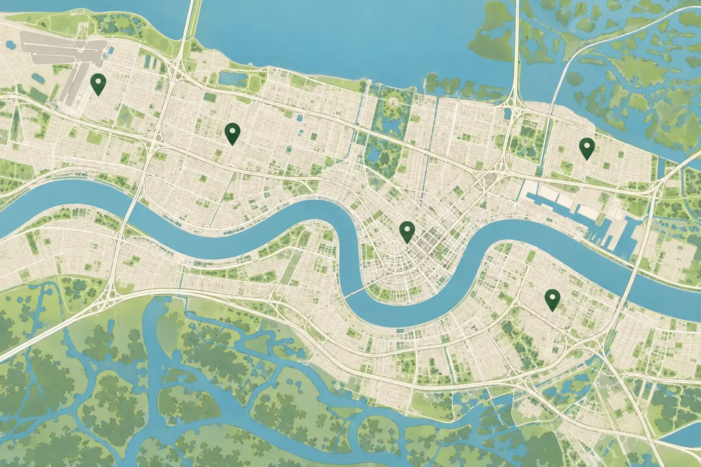 Illustrated map of New Orleans and the Mississippi River