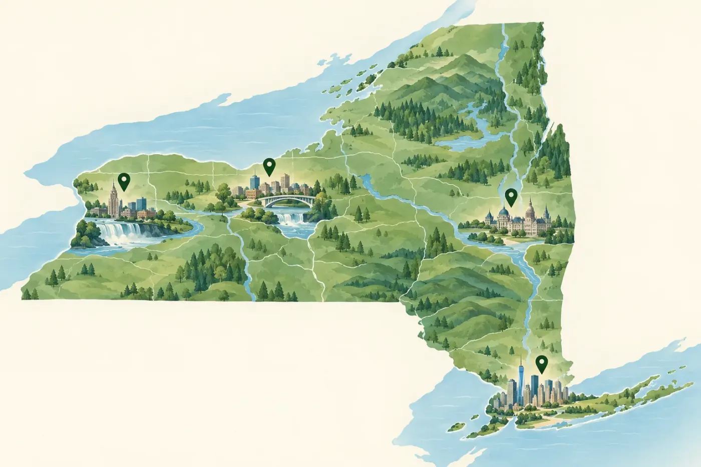 Illustrated map of New York State and its regions