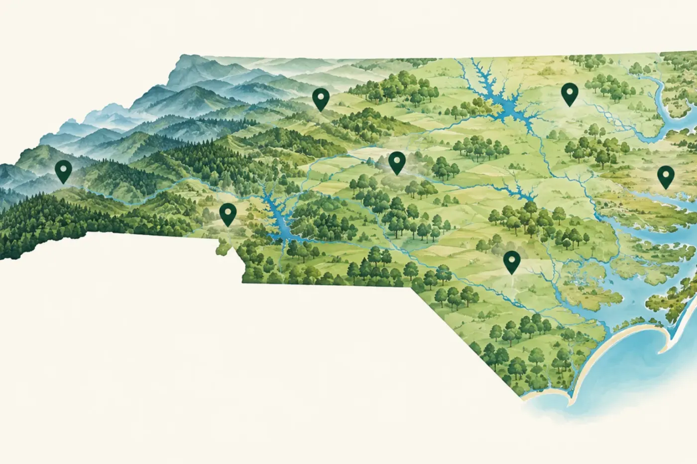 Illustrated map of North Carolina and its regions