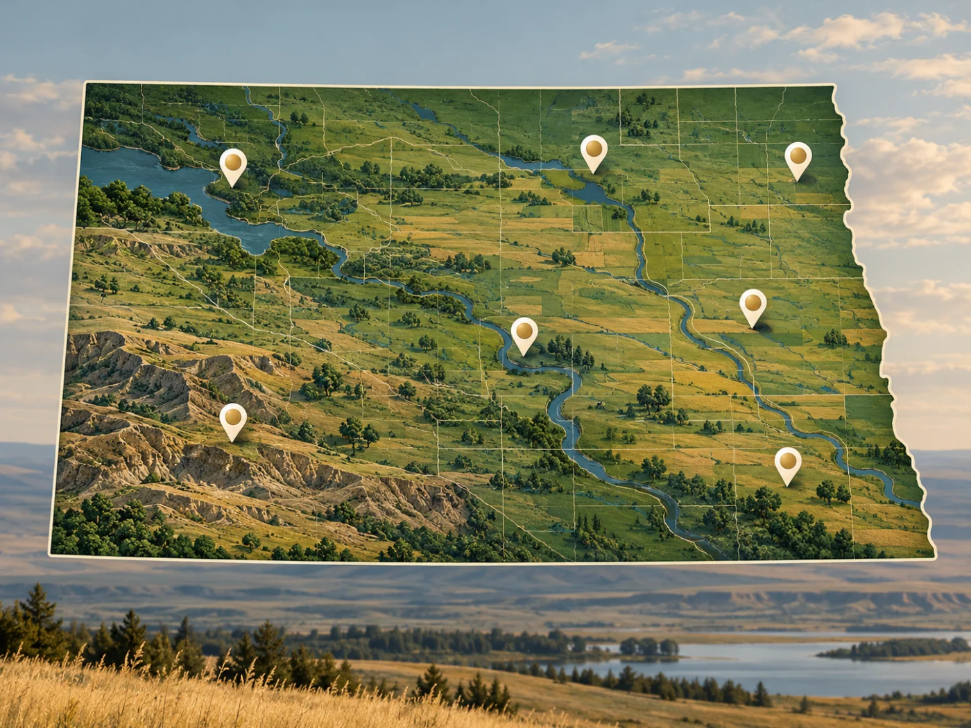 Illustrated map of North Dakota and its regions
