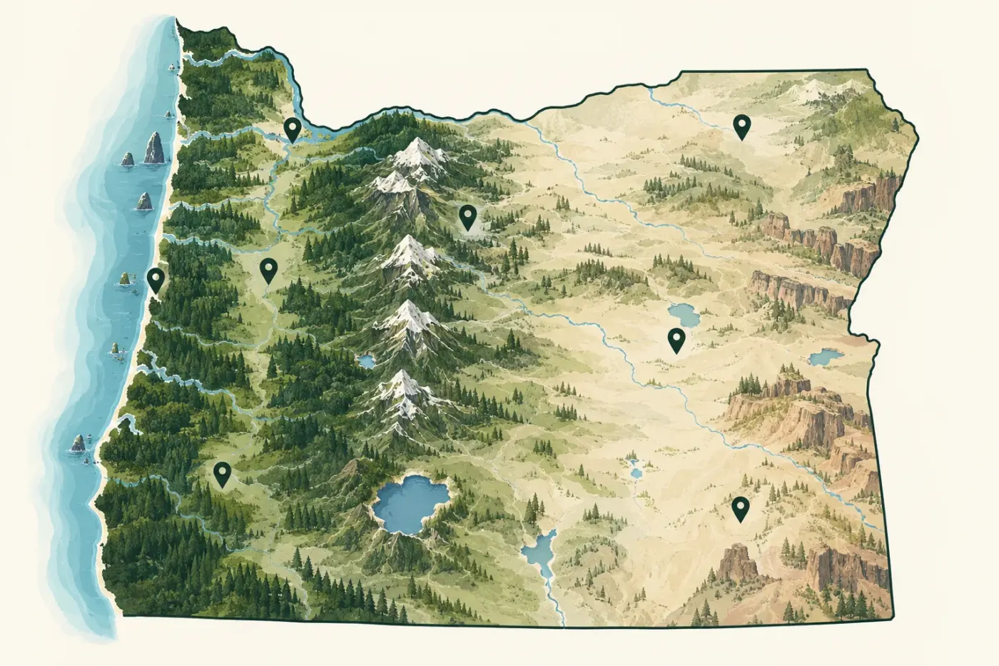 Illustrated map of Oregon and its regions