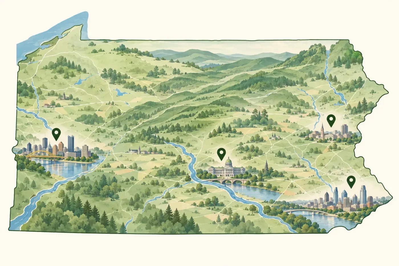 Illustrated map of Pennsylvania and its regions