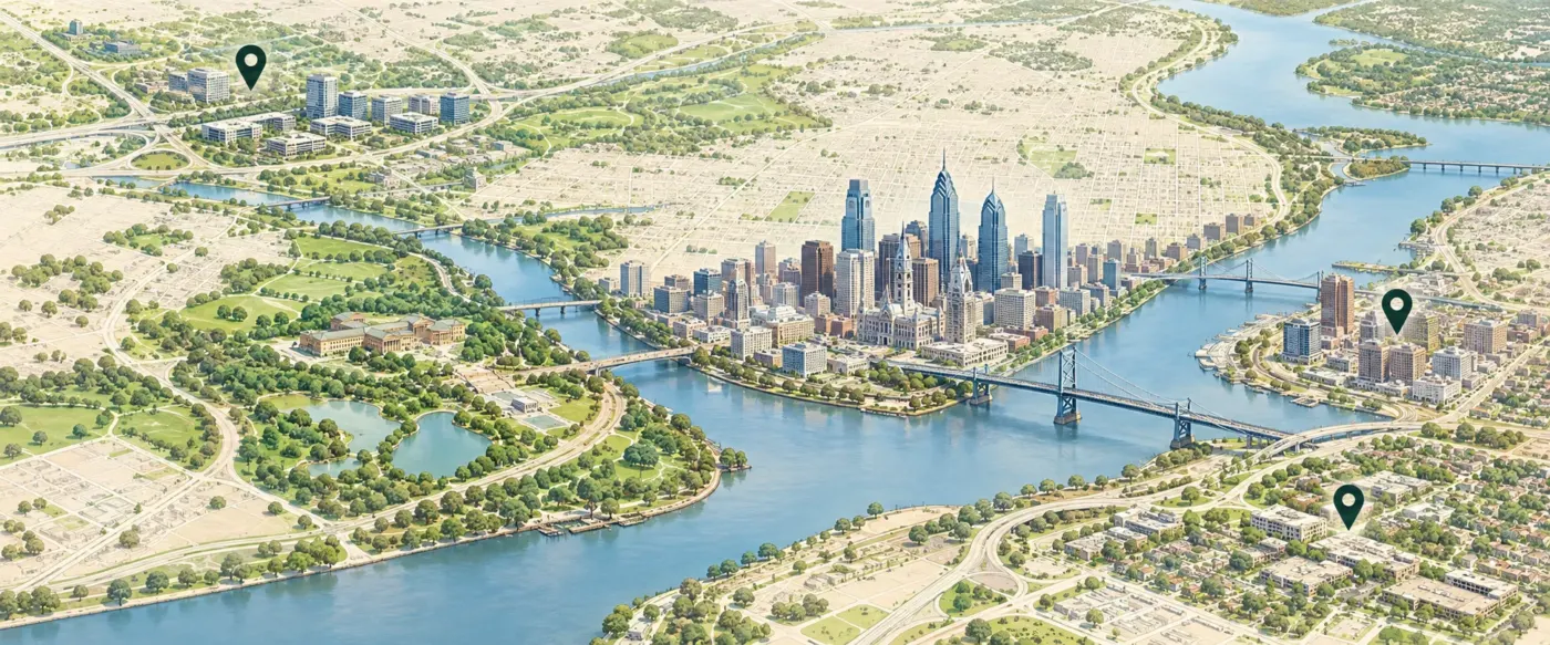 Illustrated map of Philadelphia and the Delaware River