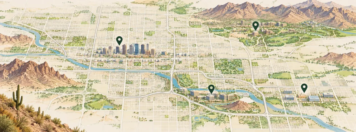 Illustrated map of Phoenix and nearby areas