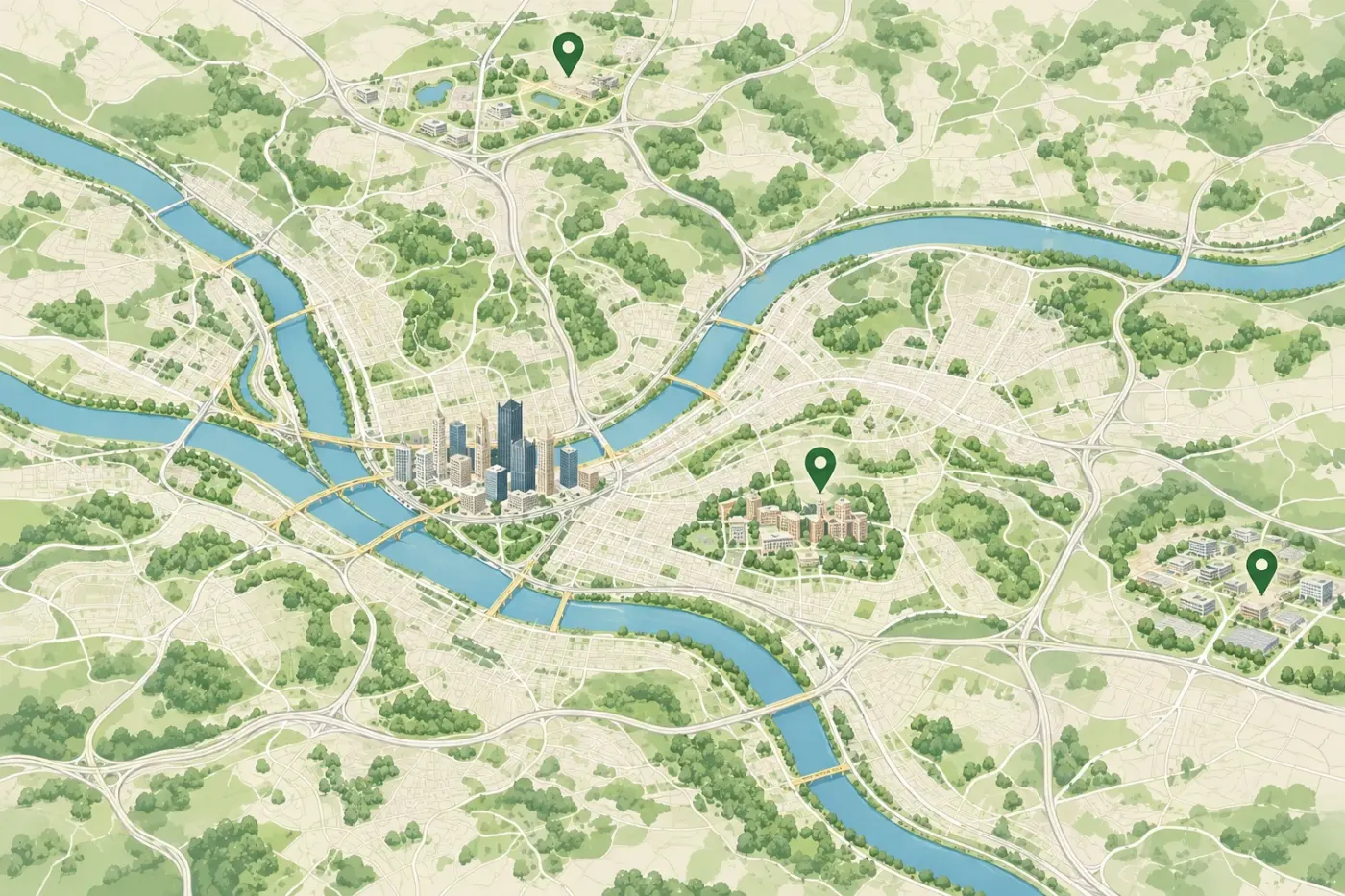 Illustrated map of Pittsburgh and its three rivers