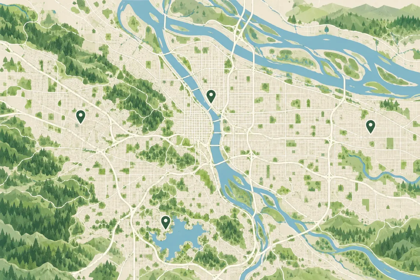 Illustrated map of Portland and the Willamette River