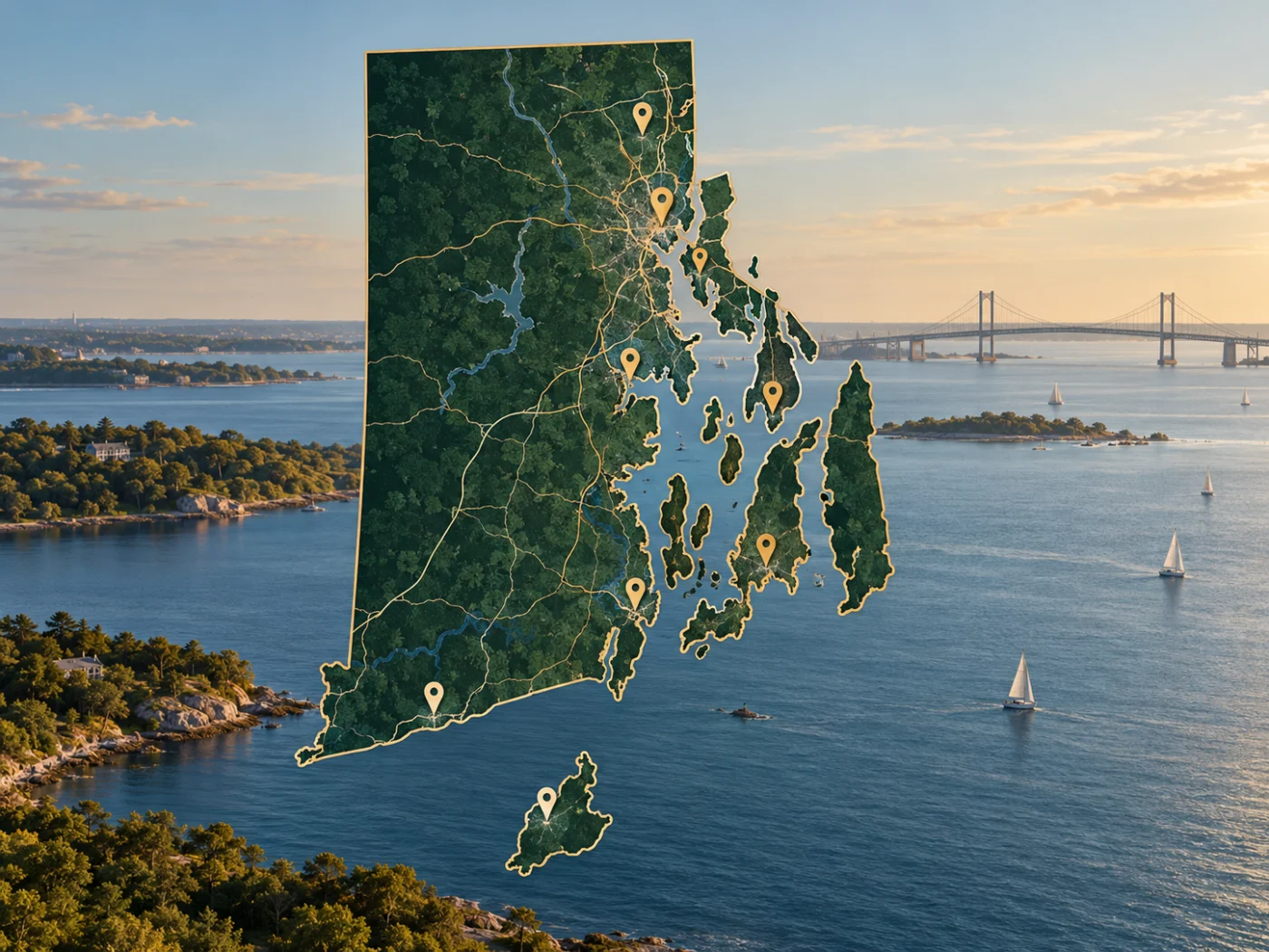 Illustrated map of Rhode Island and Narragansett Bay