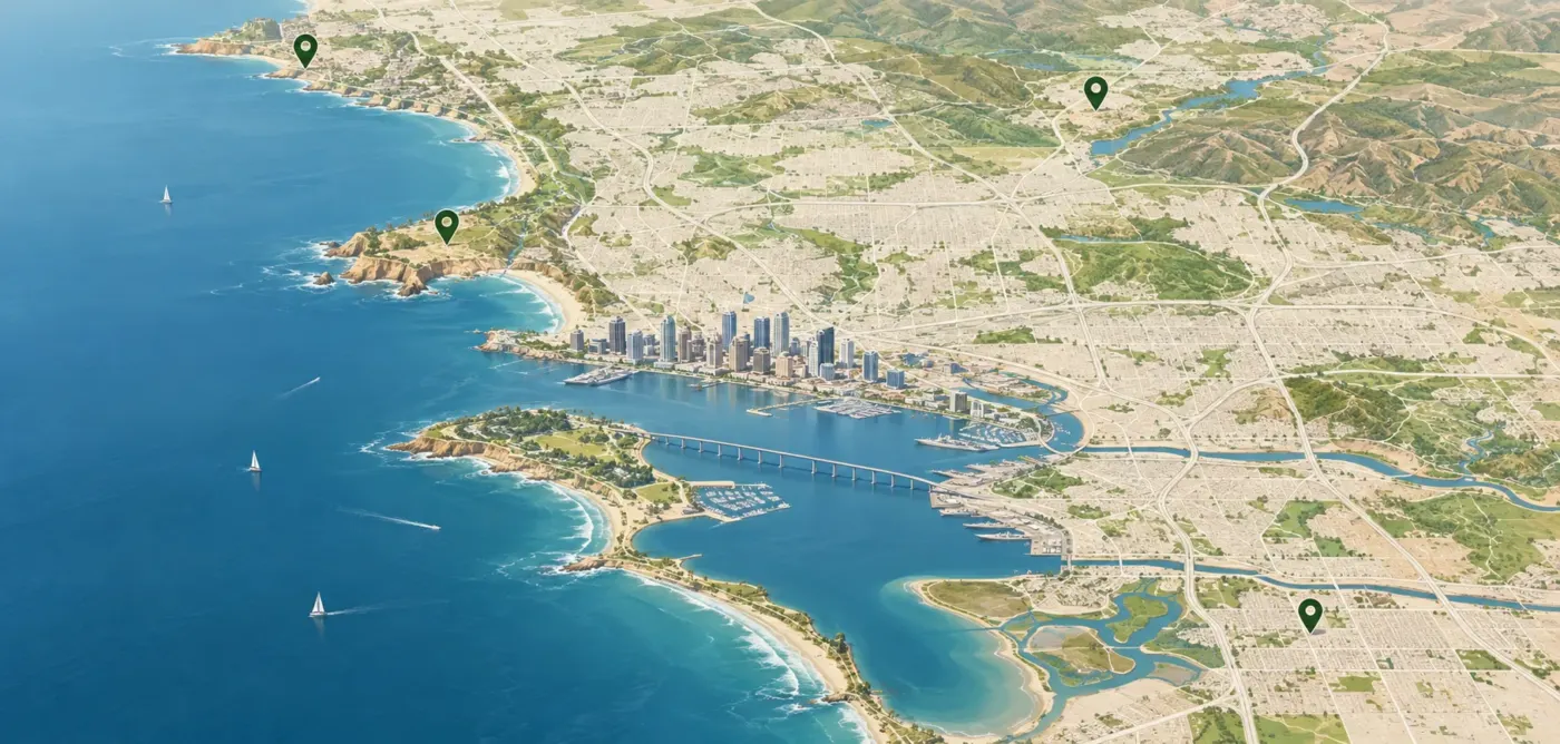 Illustrated map of the San Diego coastline and nearby areas
